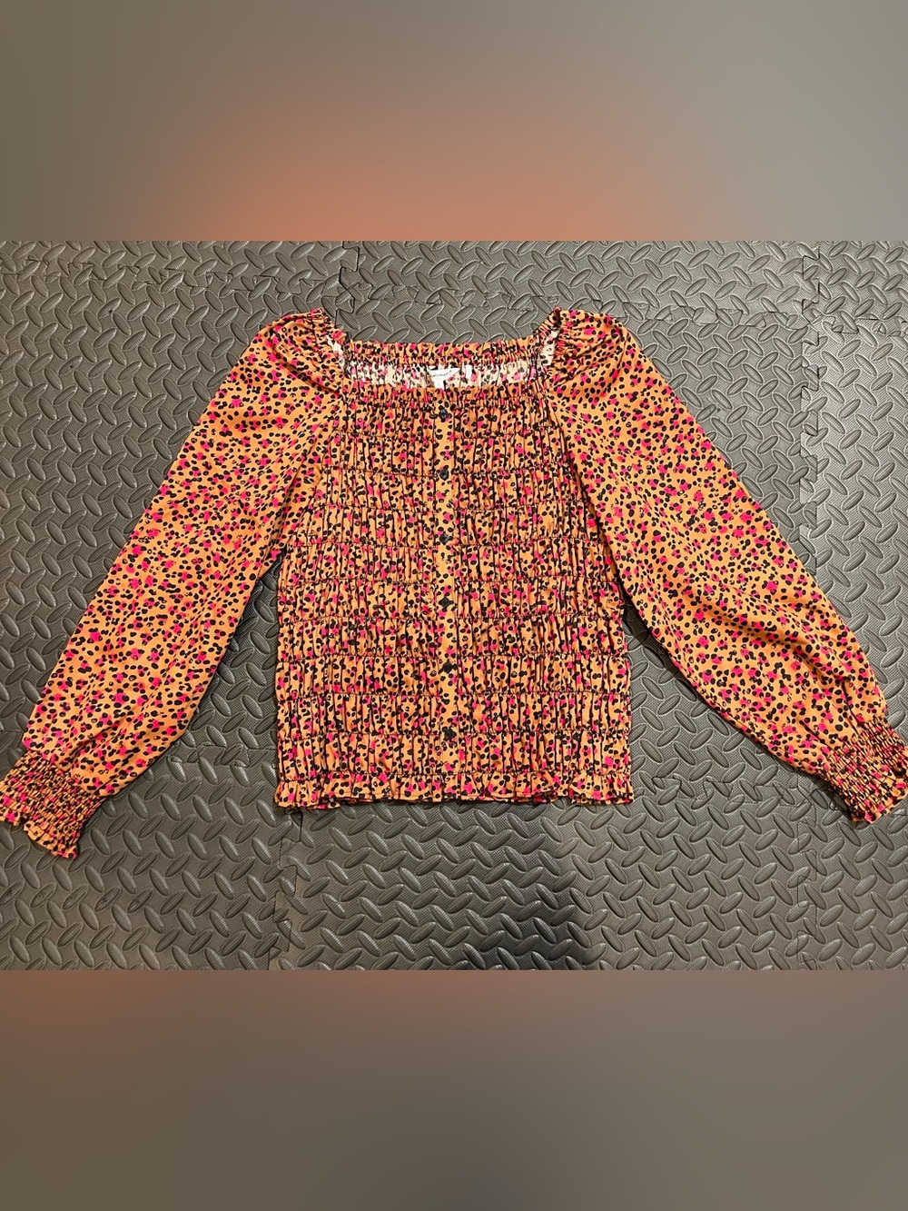 Foxcroft Orange Smocked Long-Sleeve Top with Pink and Black Spots